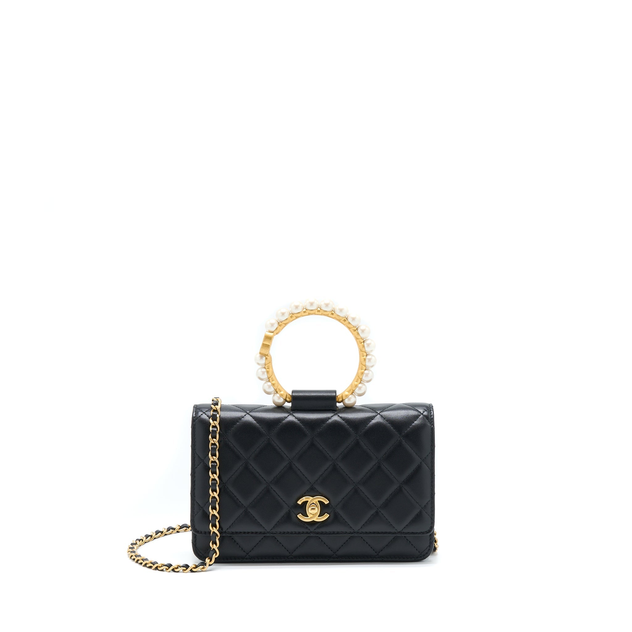 CHANEL 21S WALLET ON CHAIN WITH PEARL/CC LOGO ROUND HANDLE LAMBSKIN BLACK BRUSHED GHW