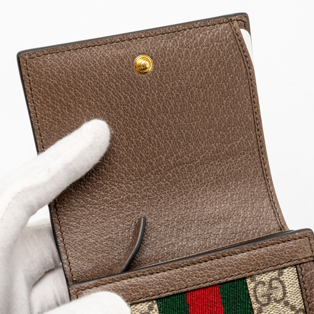GUCCI OPHIDIA GG COMPACT WALLET CANVAS / CALFSKIN BROWN GHW
