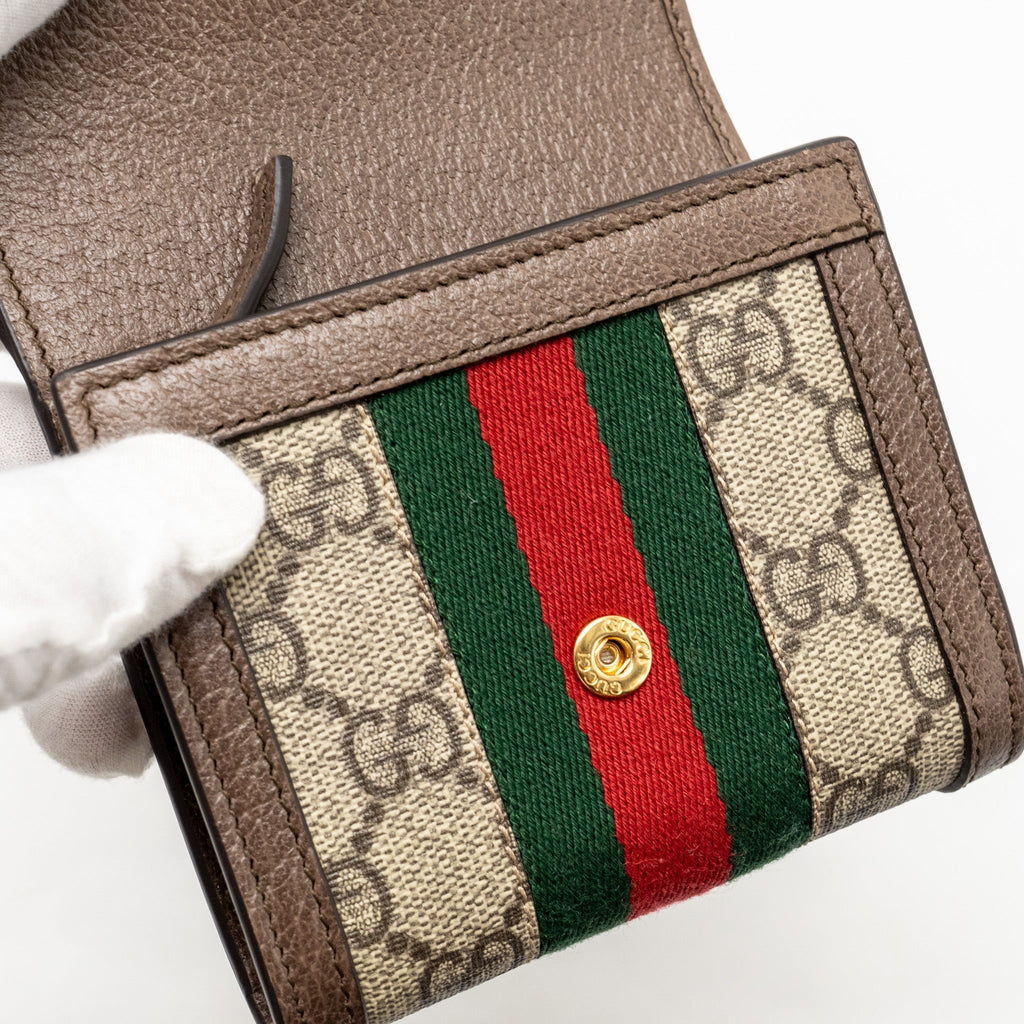 GUCCI OPHIDIA GG COMPACT WALLET CANVAS / CALFSKIN BROWN GHW