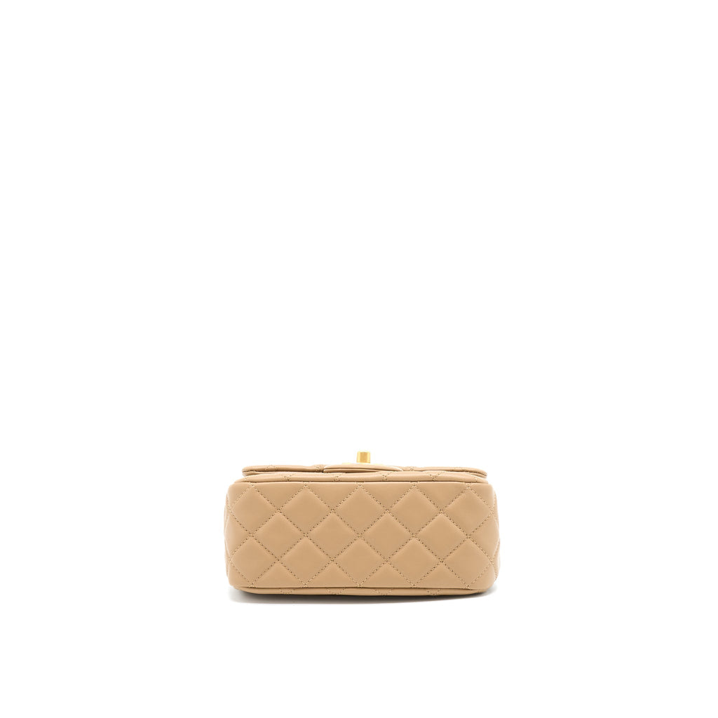 CHANEL PEARL CRUSH MINI SQUARE FLAP BAG LAMBSKIN DARK BEIGE GHW(MICROCHIP)