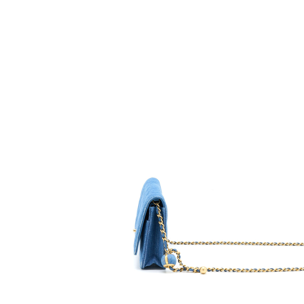 CHANEL DENIM PEARL CRUSH WALLET ON CHAIN DENIM BLUE BRUSHED GHW