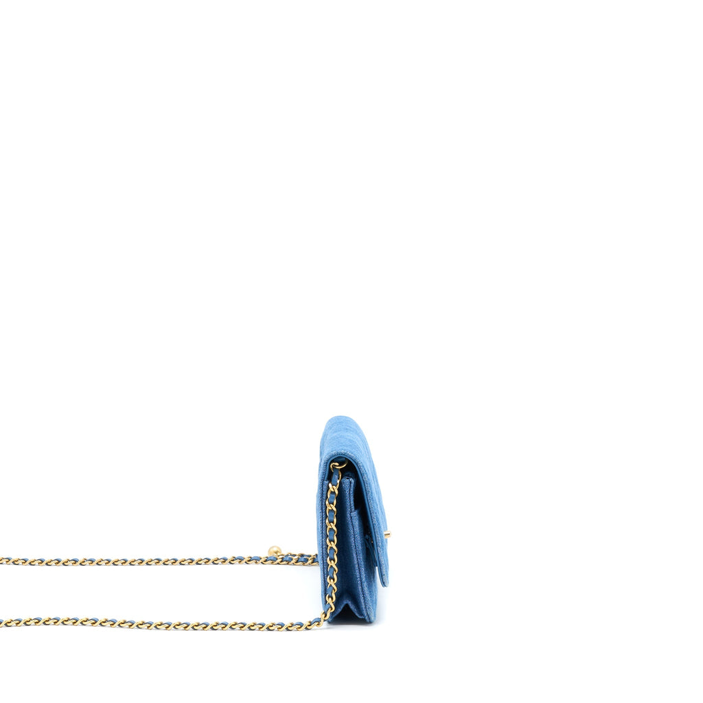 CHANEL DENIM PEARL CRUSH WALLET ON CHAIN DENIM BLUE BRUSHED GHW