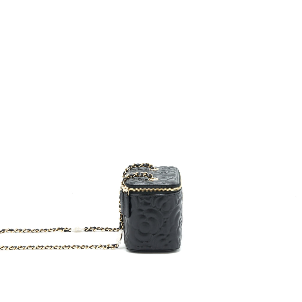 CHANEL CAMELLIA LONG VANITY WITH CHAINS LAMBSKIN BLACK LGHW