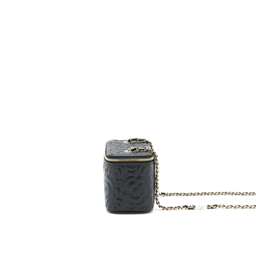 CHANEL CAMELLIA LONG VANITY WITH CHAINS LAMBSKIN BLACK LGHW