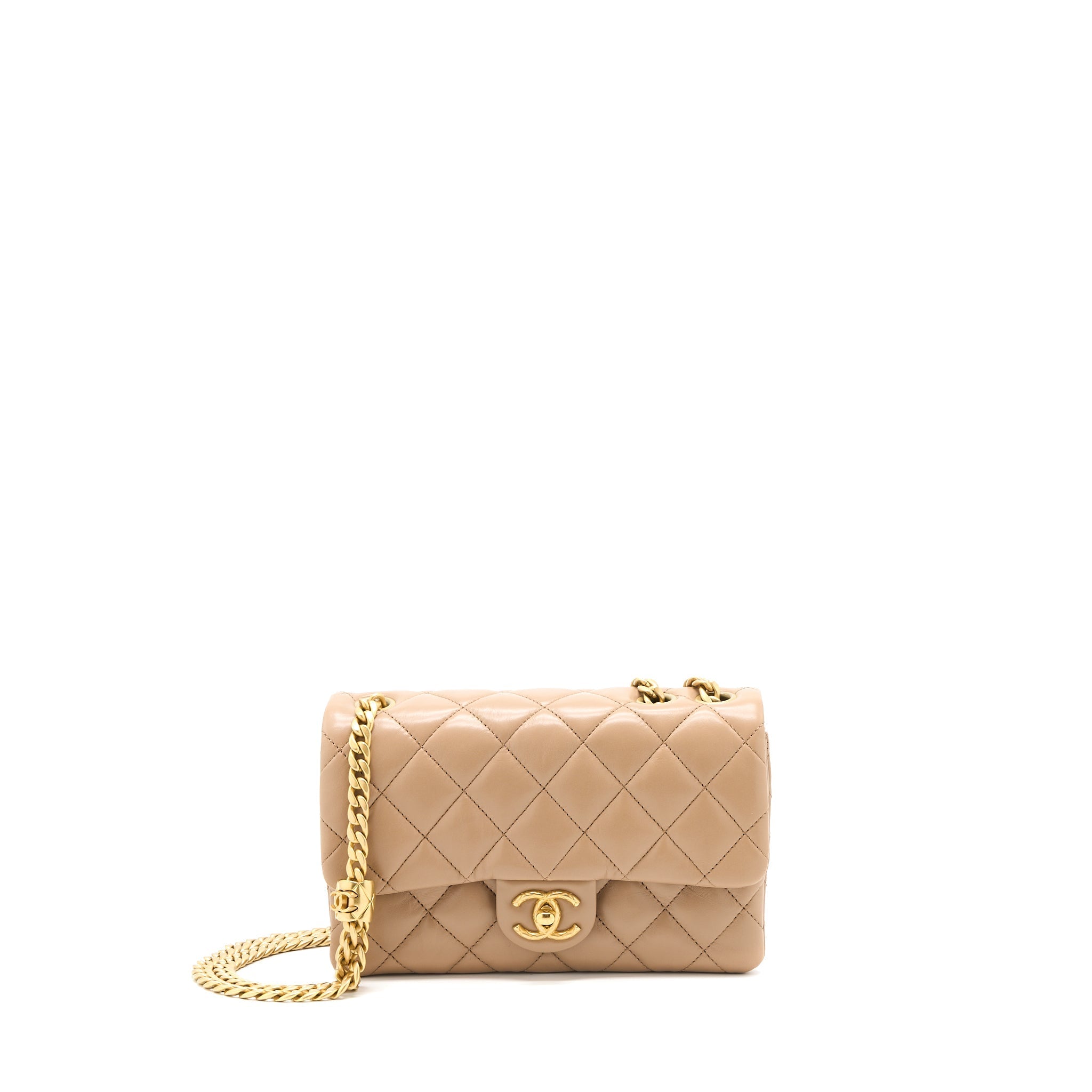 CHANEL 22K GOLD PILLAR ADJUSTABLE CHAIN FLAP BAG LAMBSKIN BEIGE GHW (MICROCHIP)
