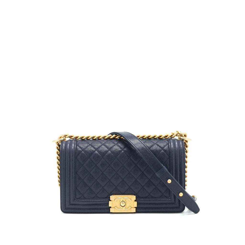 CHANEL MEDIUM BOY GRAINED NAVY CALFSKIN BRUSHED GHW