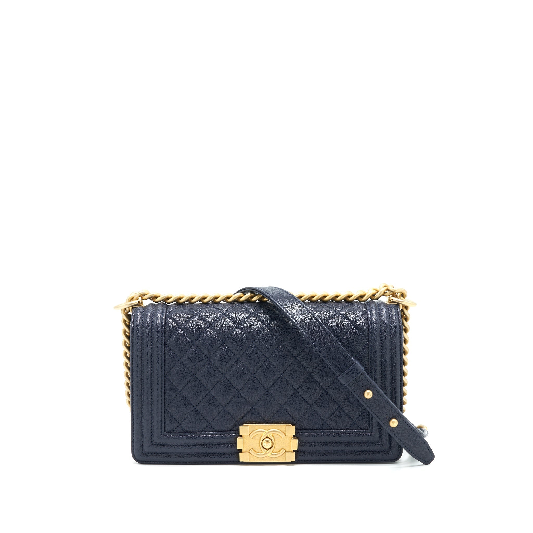 CHANEL MEDIUM BOY GRAINED NAVY CALFSKIN BRUSHED GHW