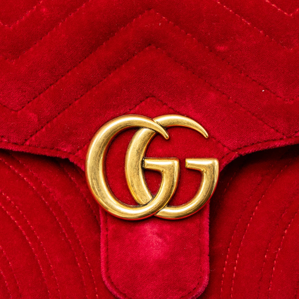 GUCCI SMALL GG MARMONT BAG VELVET RED BRUSHED GHW
