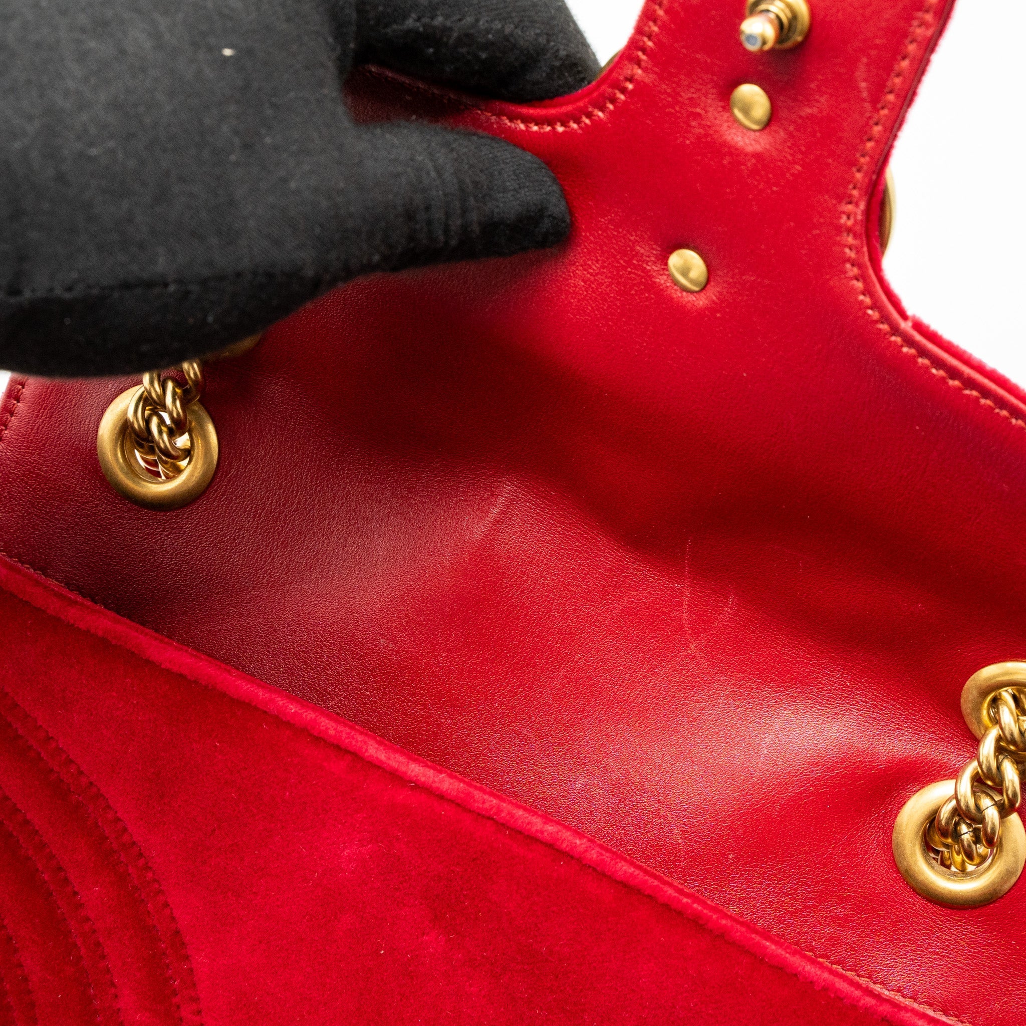 GUCCI SMALL GG MARMONT BAG VELVET RED BRUSHED GHW