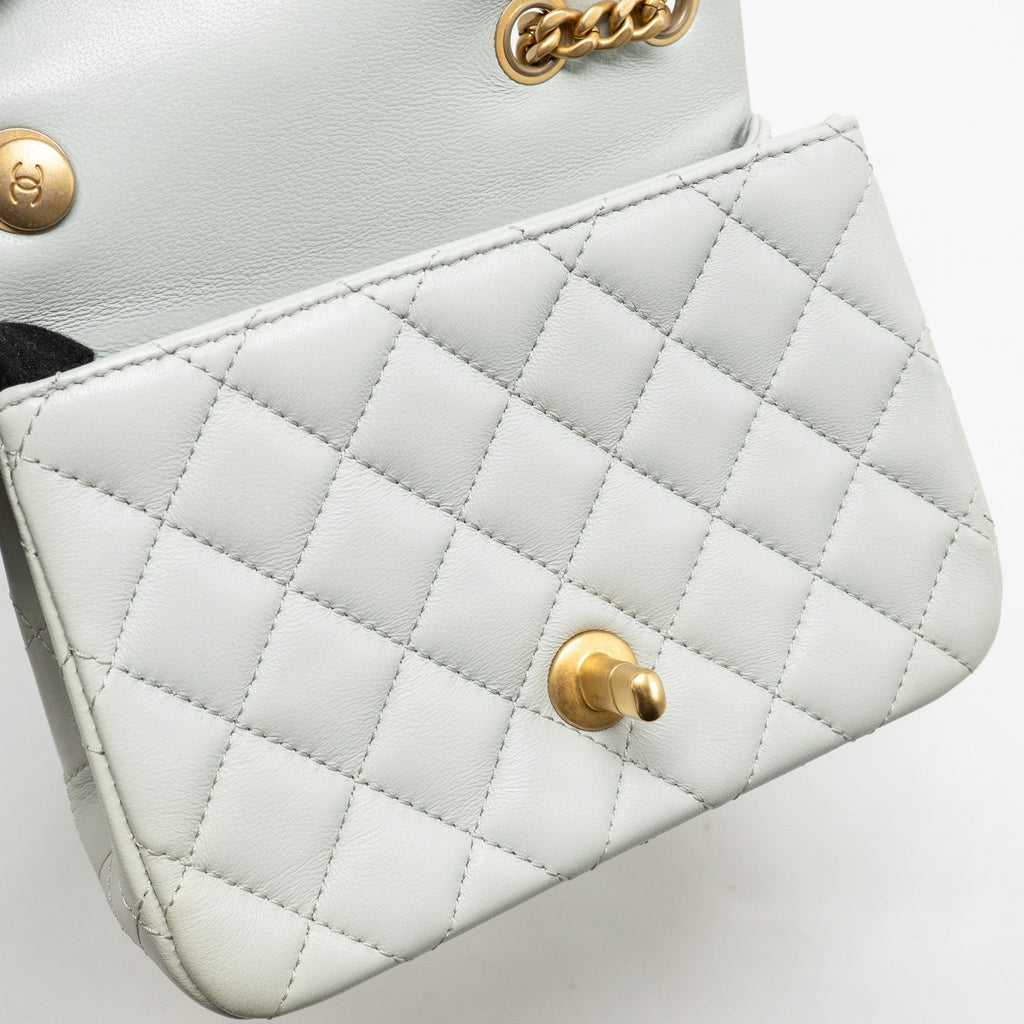 CHANEL CAMELLIA ADJUSTABLE CHAIN MINI SQUARE FLAP BAG LAMBSKIN LIGHT GREY GHW (MICROCHIP)