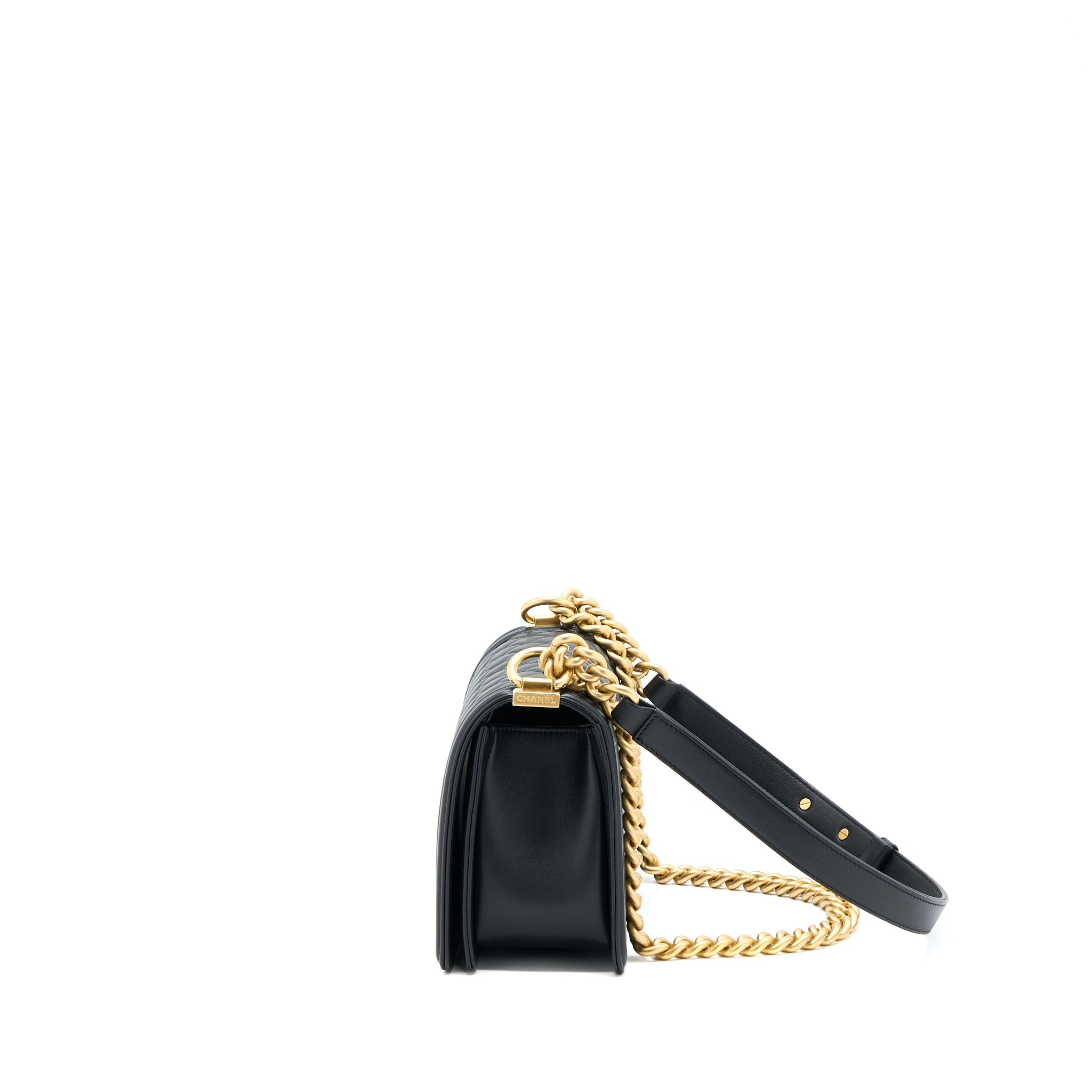 CHANEL MEDIUM BOY BAG LAMBSKIN BLACK BRUSHED GHW (MICROCHIP)