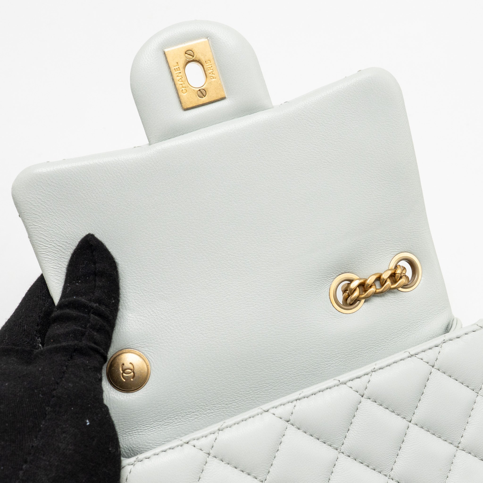 CHANEL CAMELLIA ADJUSTABLE CHAIN MINI SQUARE FLAP BAG LAMBSKIN LIGHT GREY GHW (MICROCHIP)