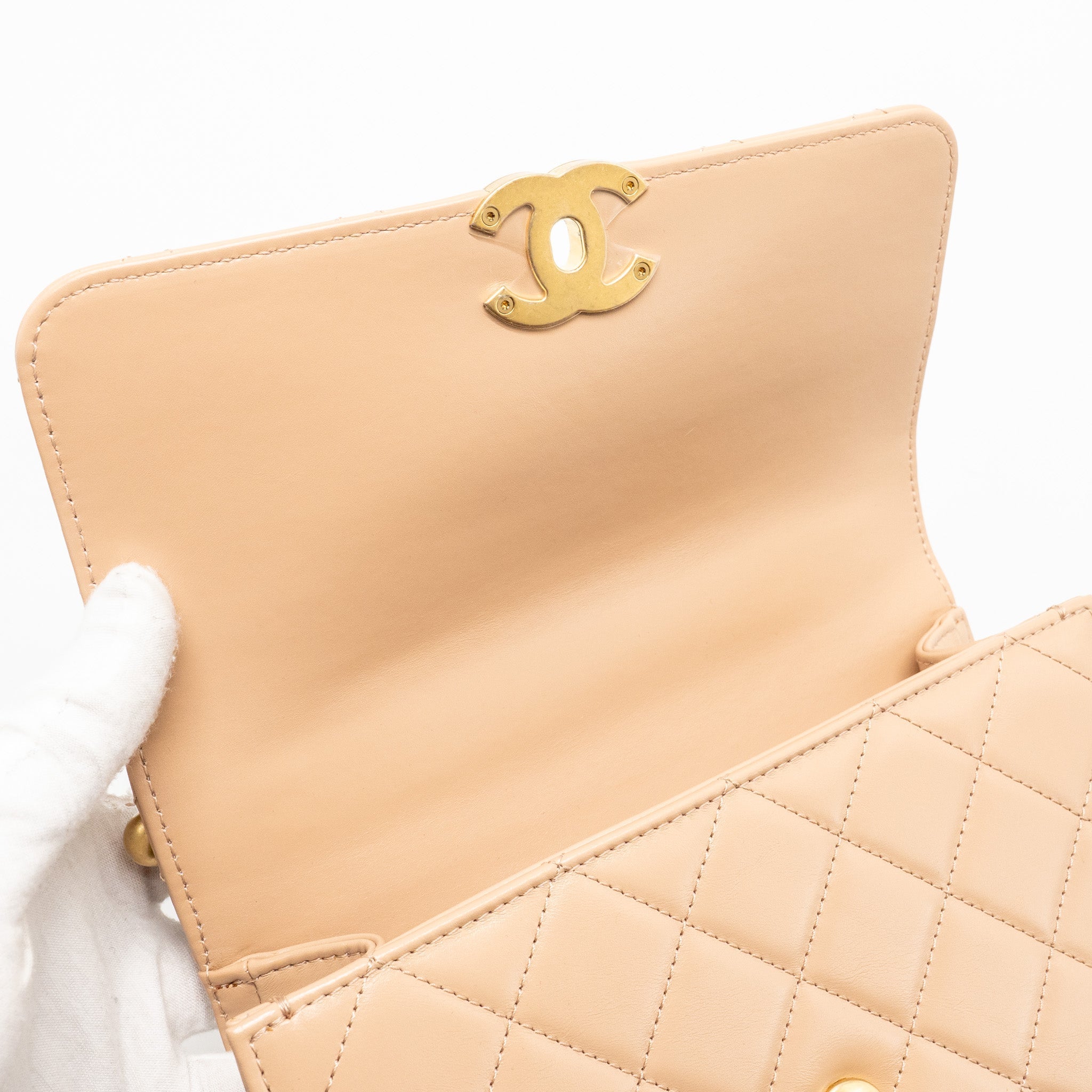 CHANEL GOLD CRUSH FLAP BAG CALFSKIN BEIGE GHW (MICROCHIP)