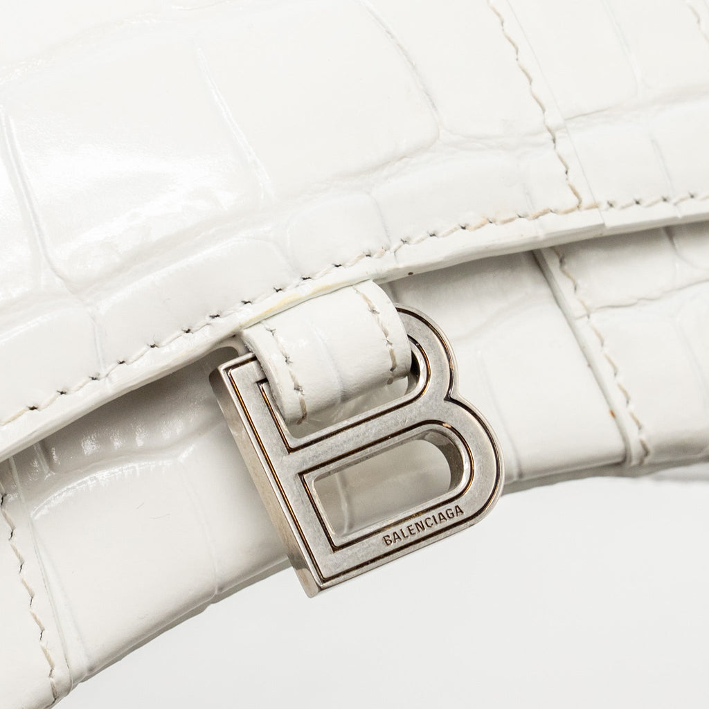 BALENCIAGA MINI HOURGLASS BAG CROC EMBOSSED CALFSKIN WHITE SHW