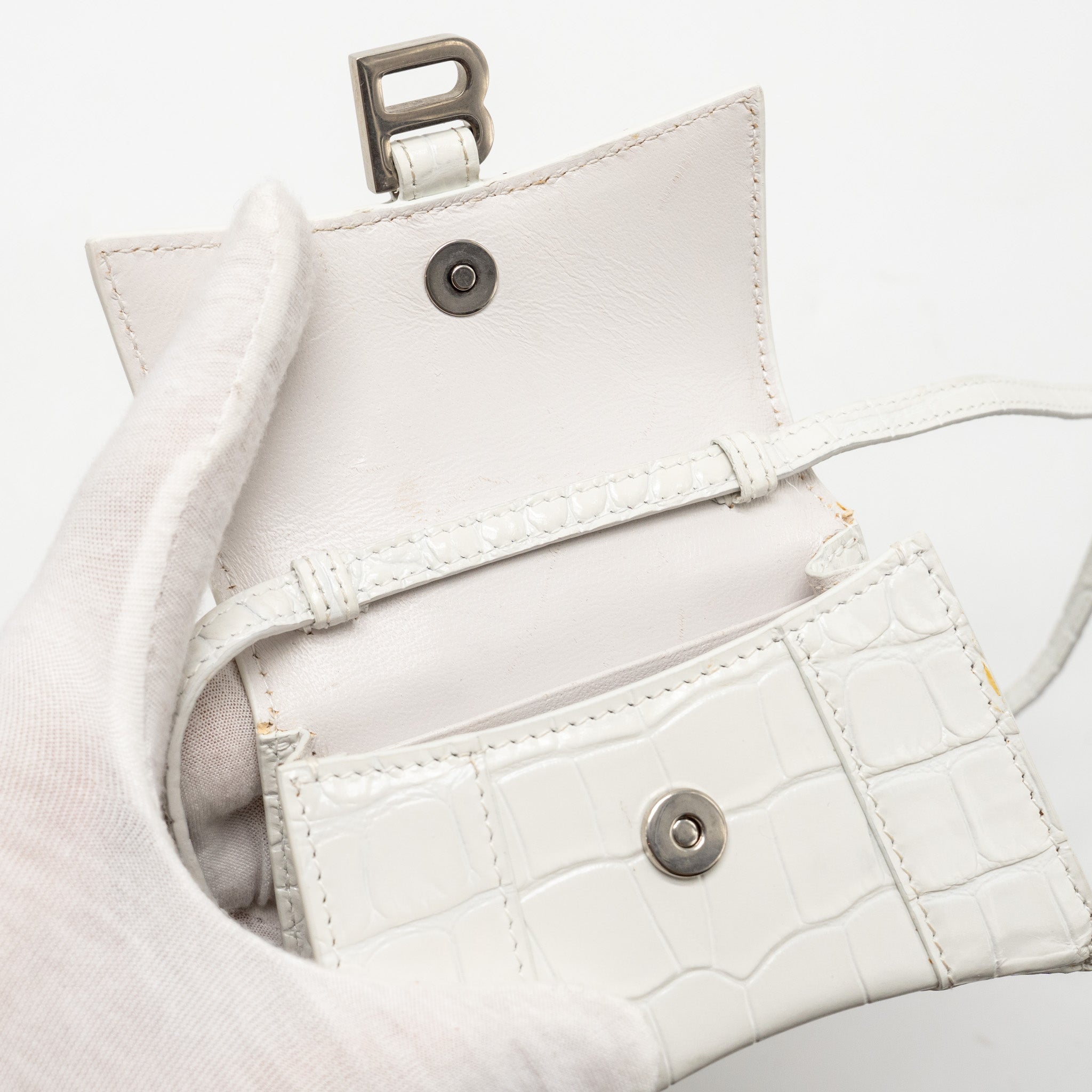 BALENCIAGA MINI HOURGLASS BAG CROC EMBOSSED CALFSKIN WHITE SHW
