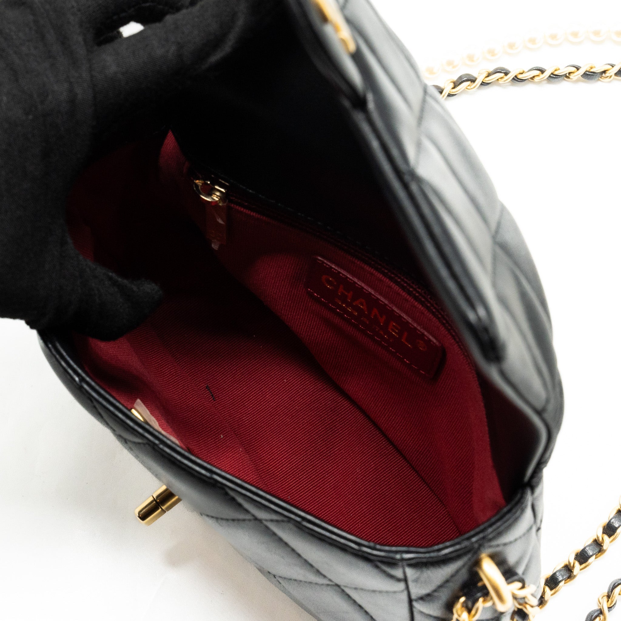 CHANEL MY PERFECT MINI FLAP BAG WITH PEARL CHAIN LAMBSKIN BLACK GHW (MICROCHIP)
