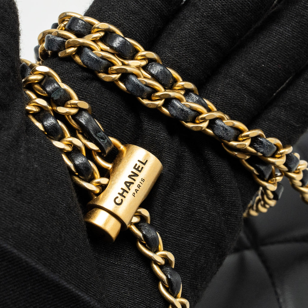 CHANEL MY PERFECT MINI FLAP BAG WITH PEARL CHAIN LAMBSKIN BLACK GHW (MICROCHIP)
