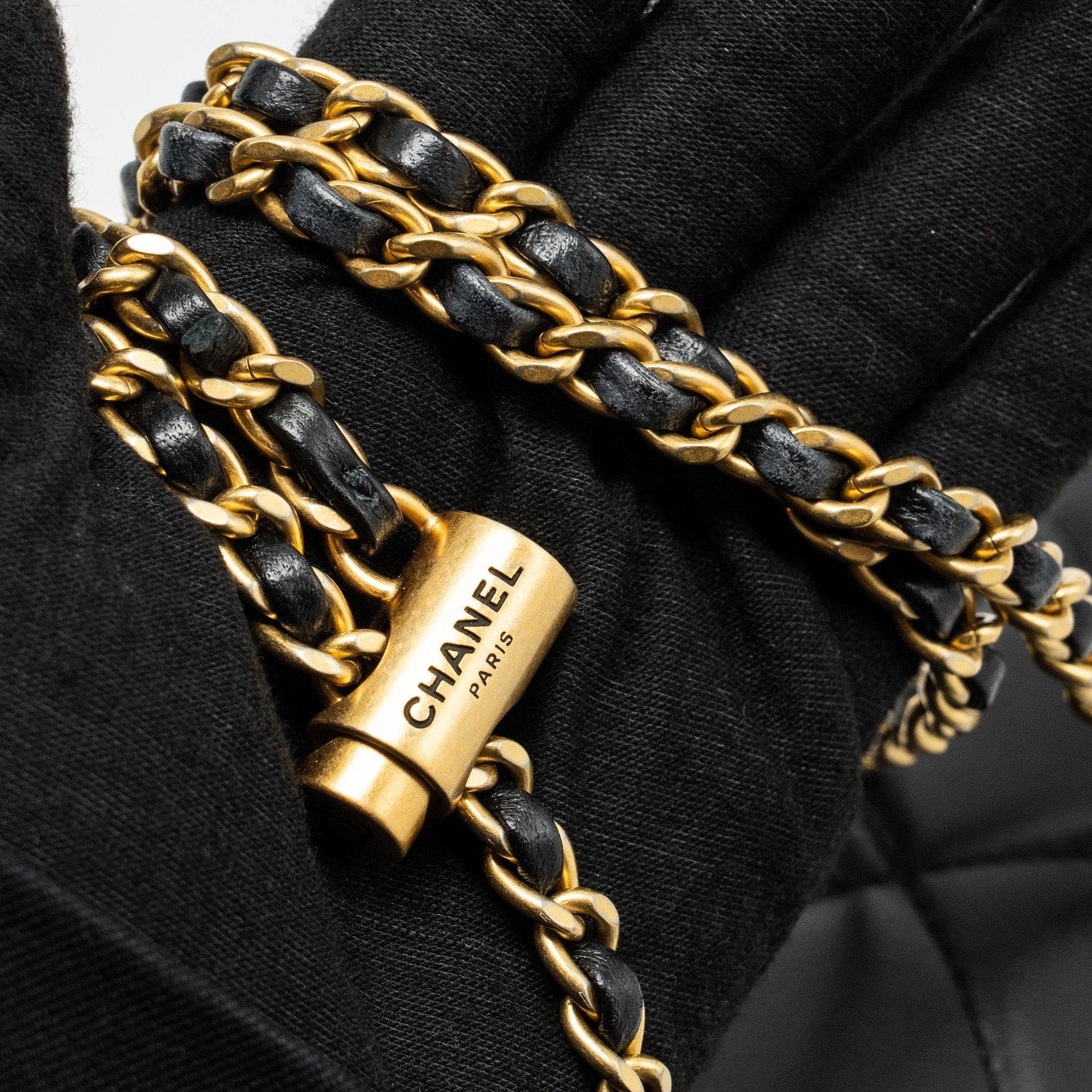 CHANEL MY PERFECT MINI FLAP BAG WITH PEARL CHAIN LAMBSKIN BLACK GHW (MICROCHIP)