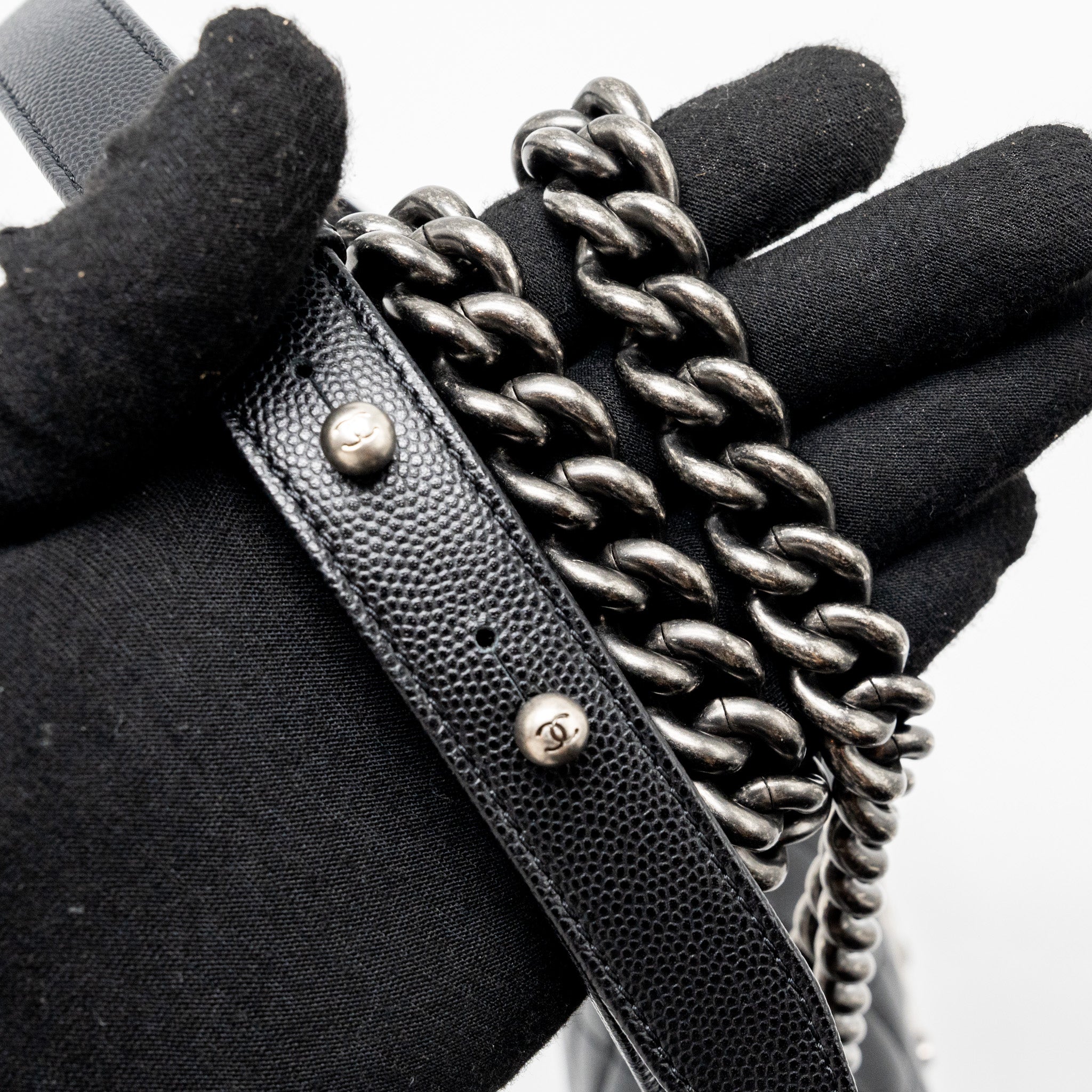 CHANEL SMALL BOY BAG CAVIAR BLACK RUTHENIUM HARDWARE (MICROCHIP)