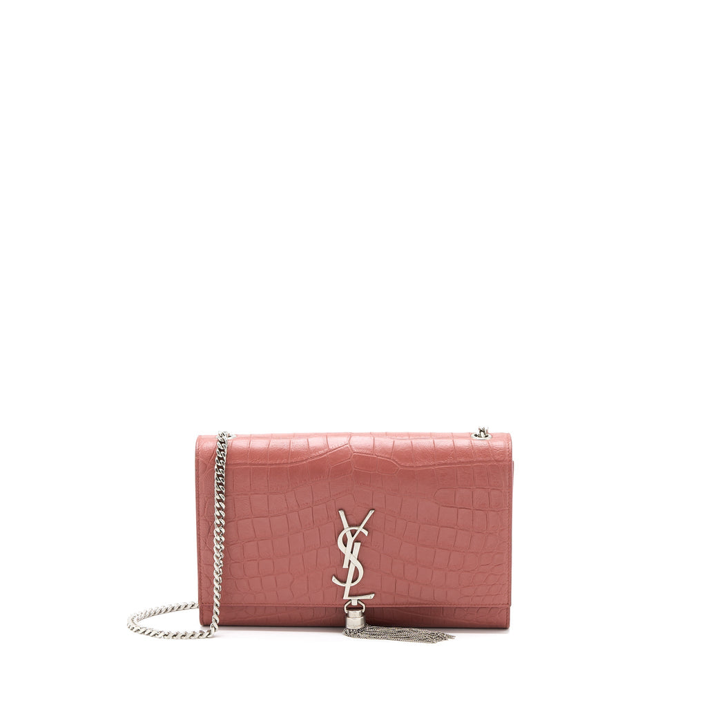 SAINT LAURENT MEDIUM KATE CROC-EMBOSSED CALFSKIN PINK SHW