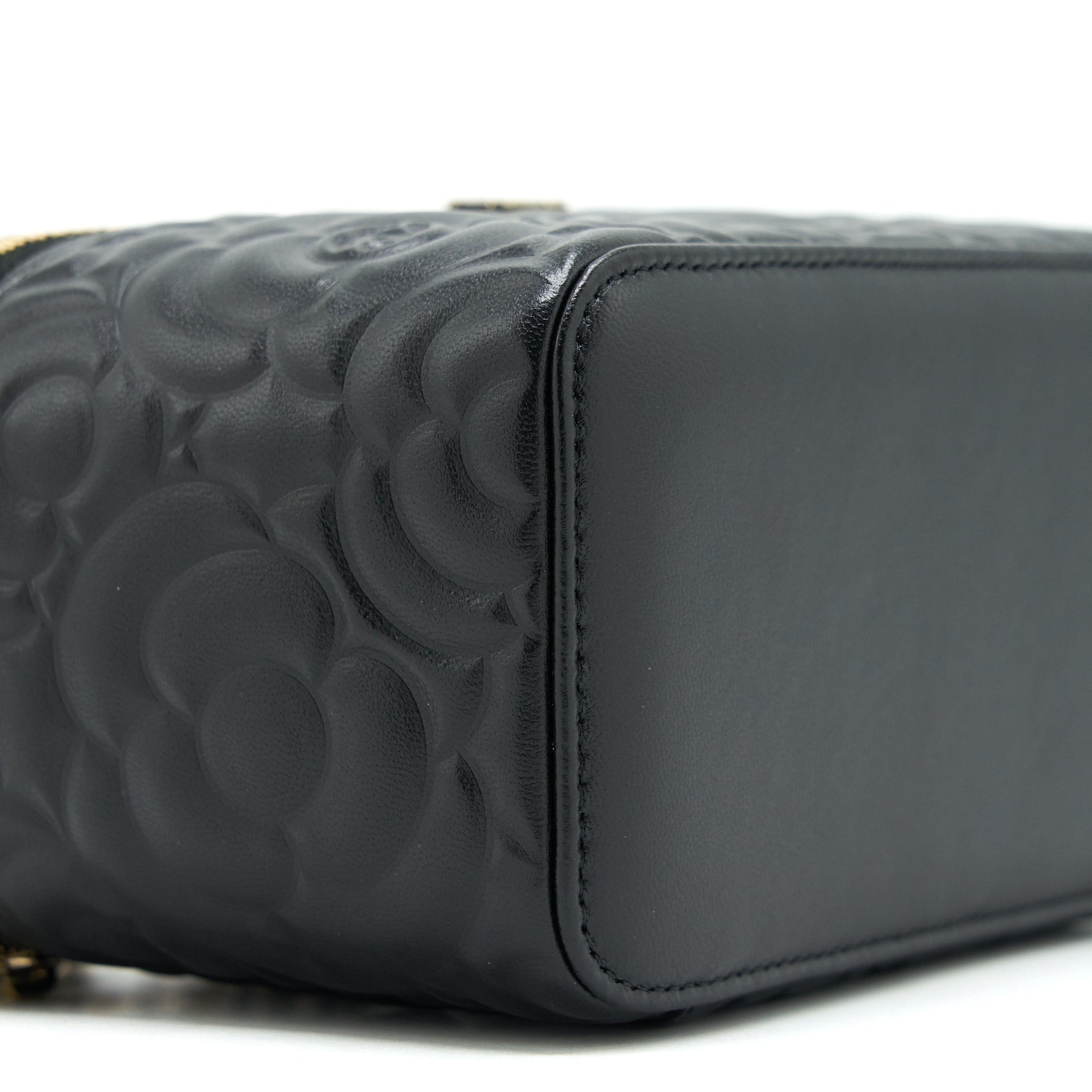 CHANEL CAMELLIA LONG VANITY WITH CHAINS LAMBSKIN BLACK LGHW