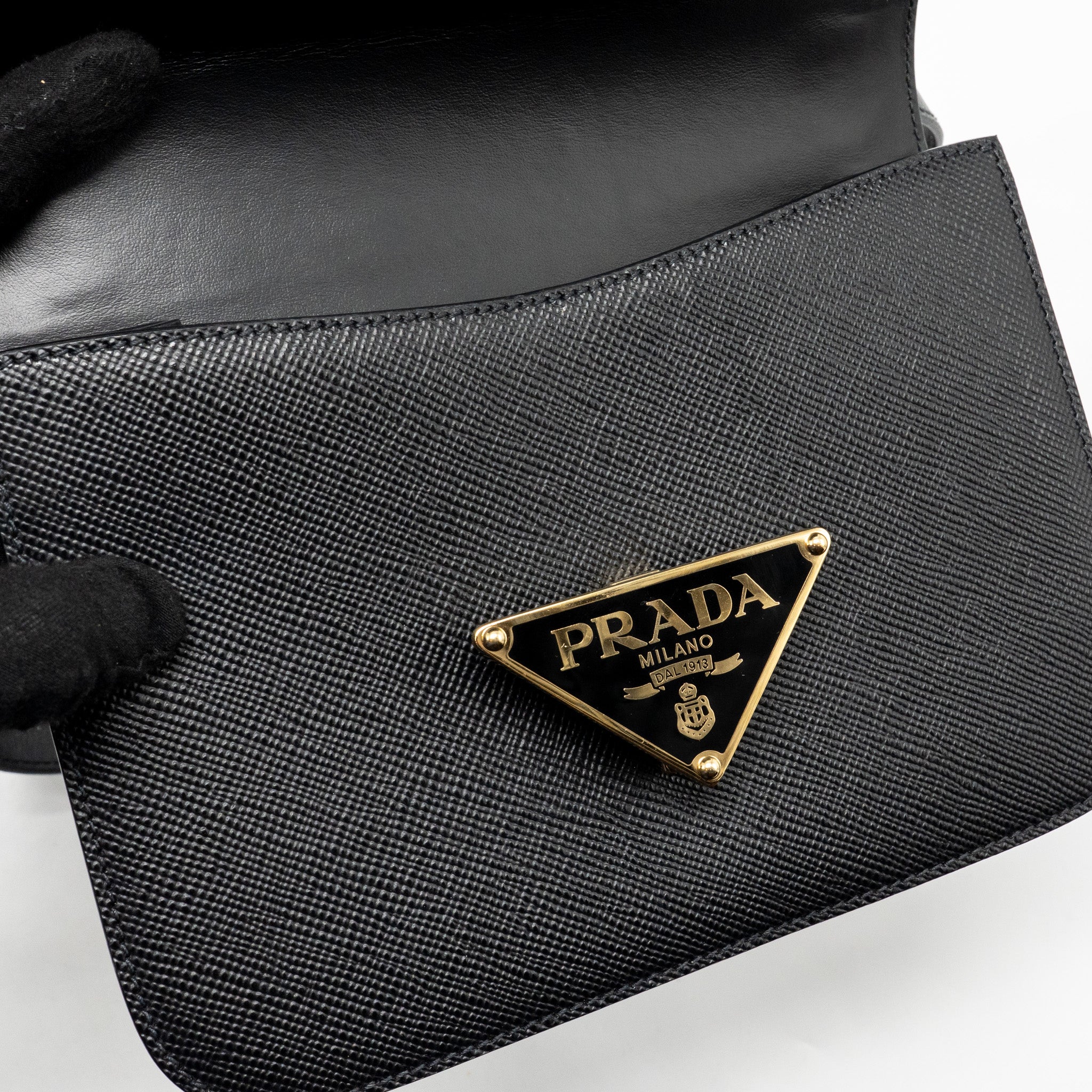 PRADA SAFFIANO LEATHER FLAP SHOULDER BAG CALFSKIN BLACK GHW