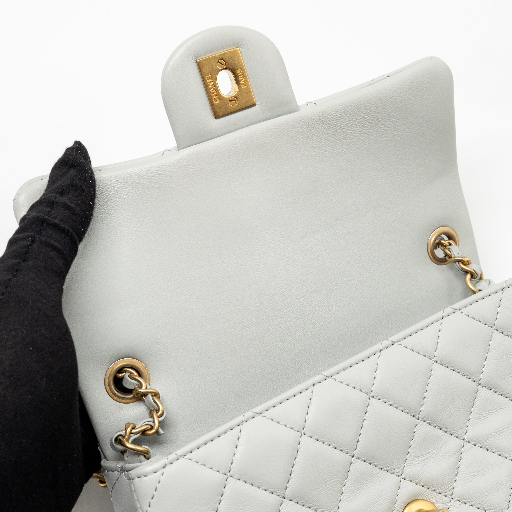 CHANEL PEARL CRUSH MINI RECTANGULAR FLAP BAG LAMBSKIN GREY GHW (MICROCHIP)
