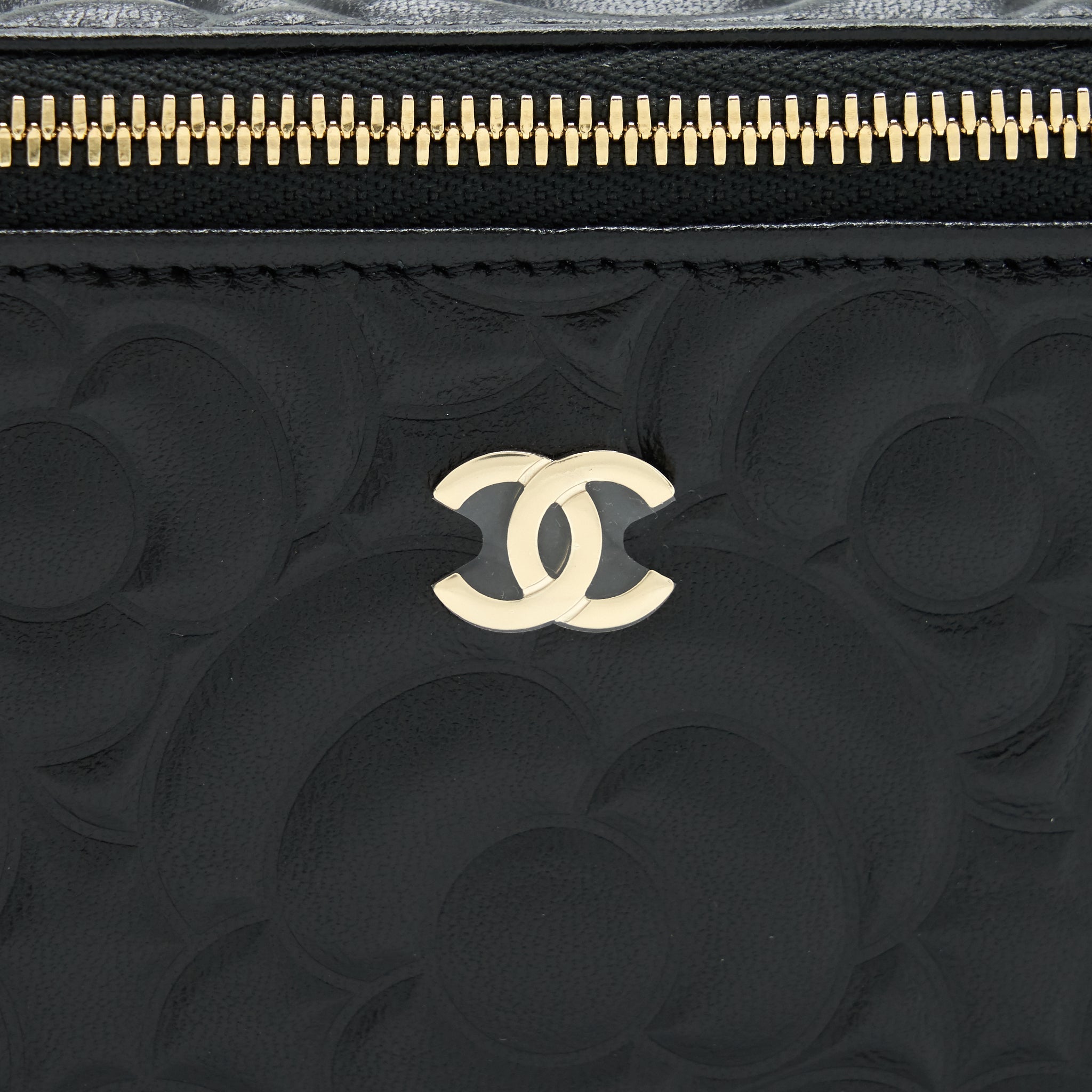 CHANEL CAMELLIA LONG VANITY WITH CHAINS LAMBSKIN BLACK LGHW