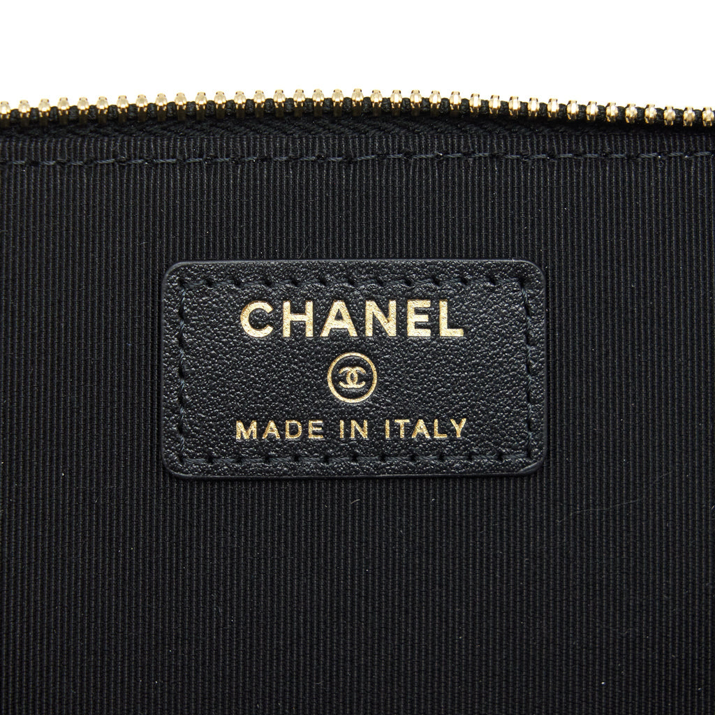 CHANEL CAMELLIA LONG VANITY WITH CHAINS LAMBSKIN BLACK LGHW