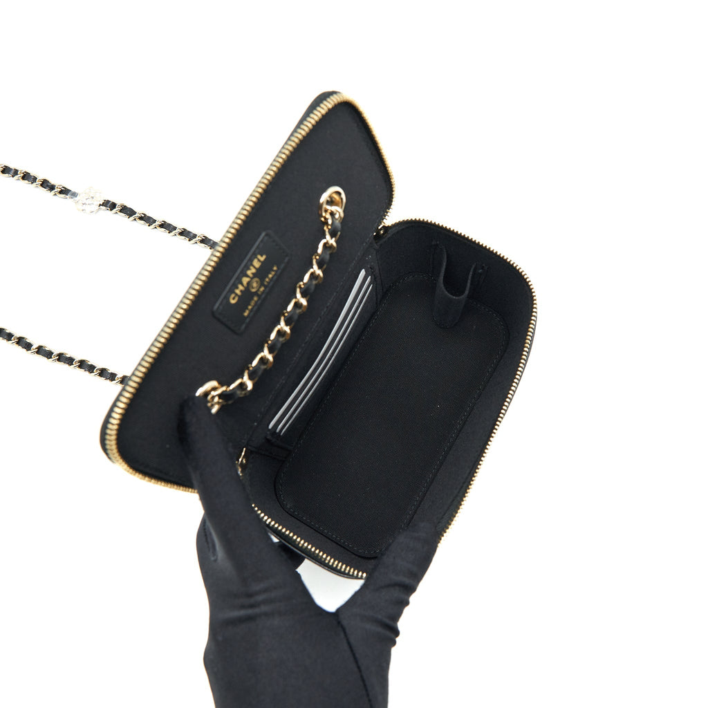 CHANEL CAMELLIA LONG VANITY WITH CHAINS LAMBSKIN BLACK LGHW