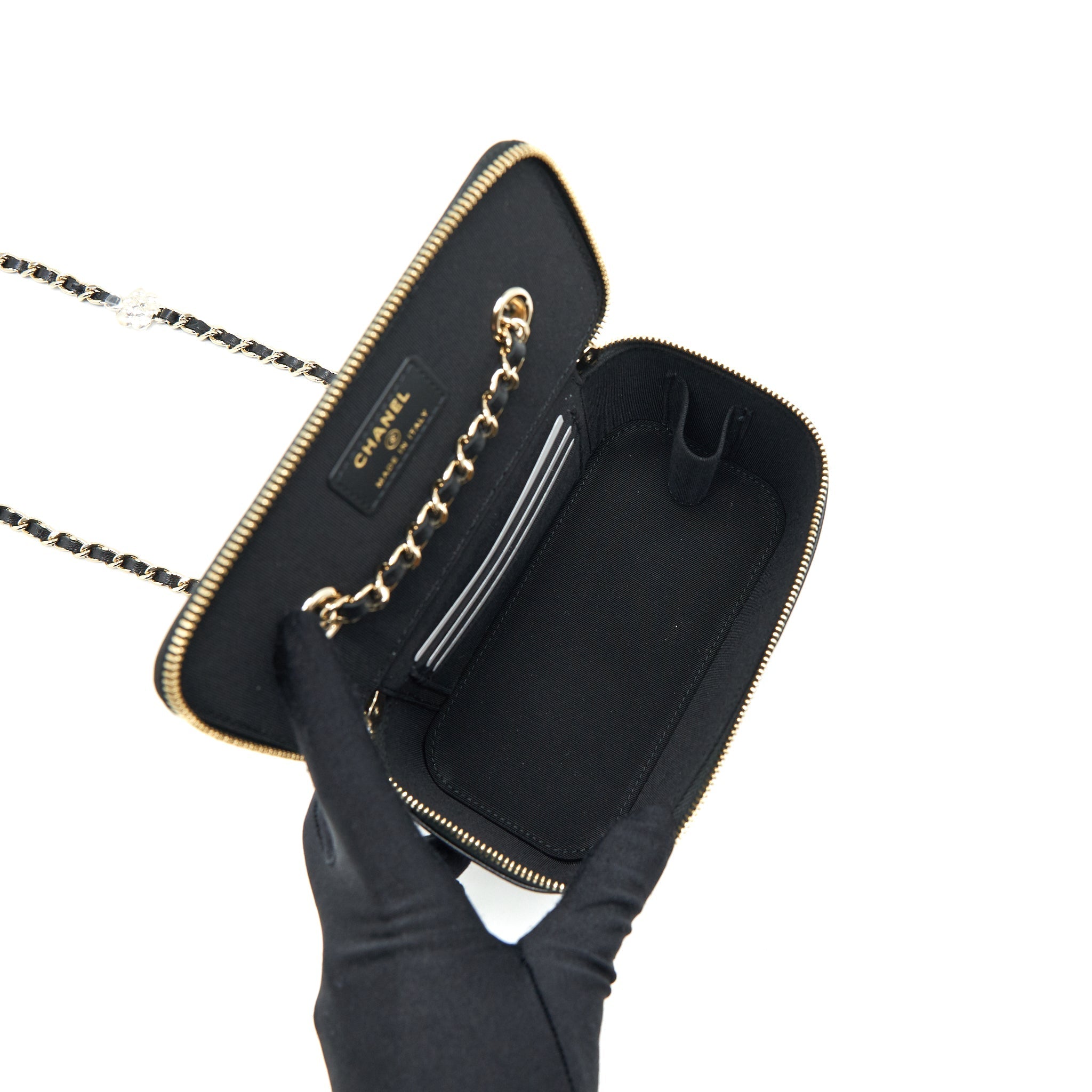 CHANEL CAMELLIA LONG VANITY WITH CHAINS LAMBSKIN BLACK LGHW