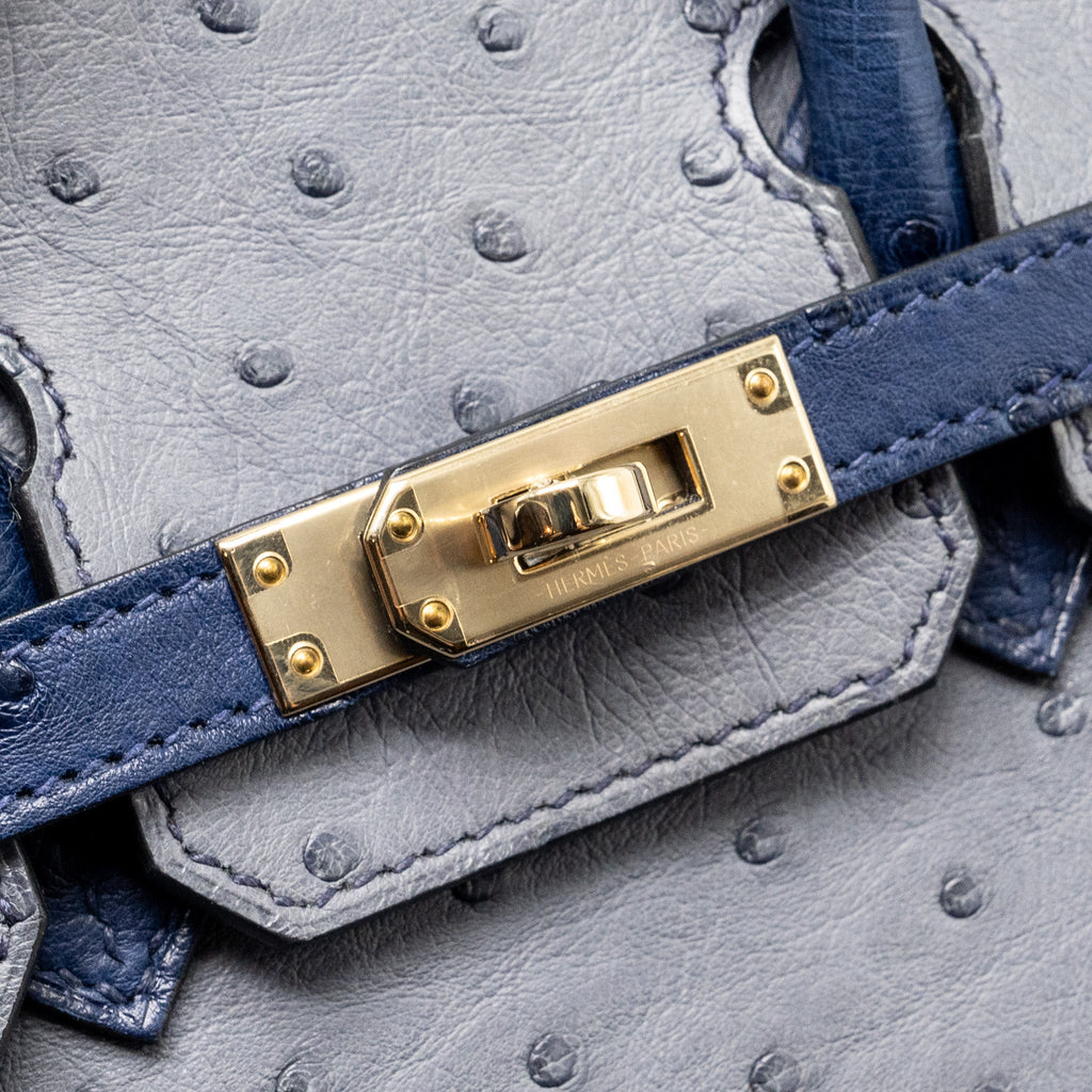 HERMES BIRKIN 25 SPECIAL ORDER OSTRICH GRIS AGATE/BLUE IRIS LGHW