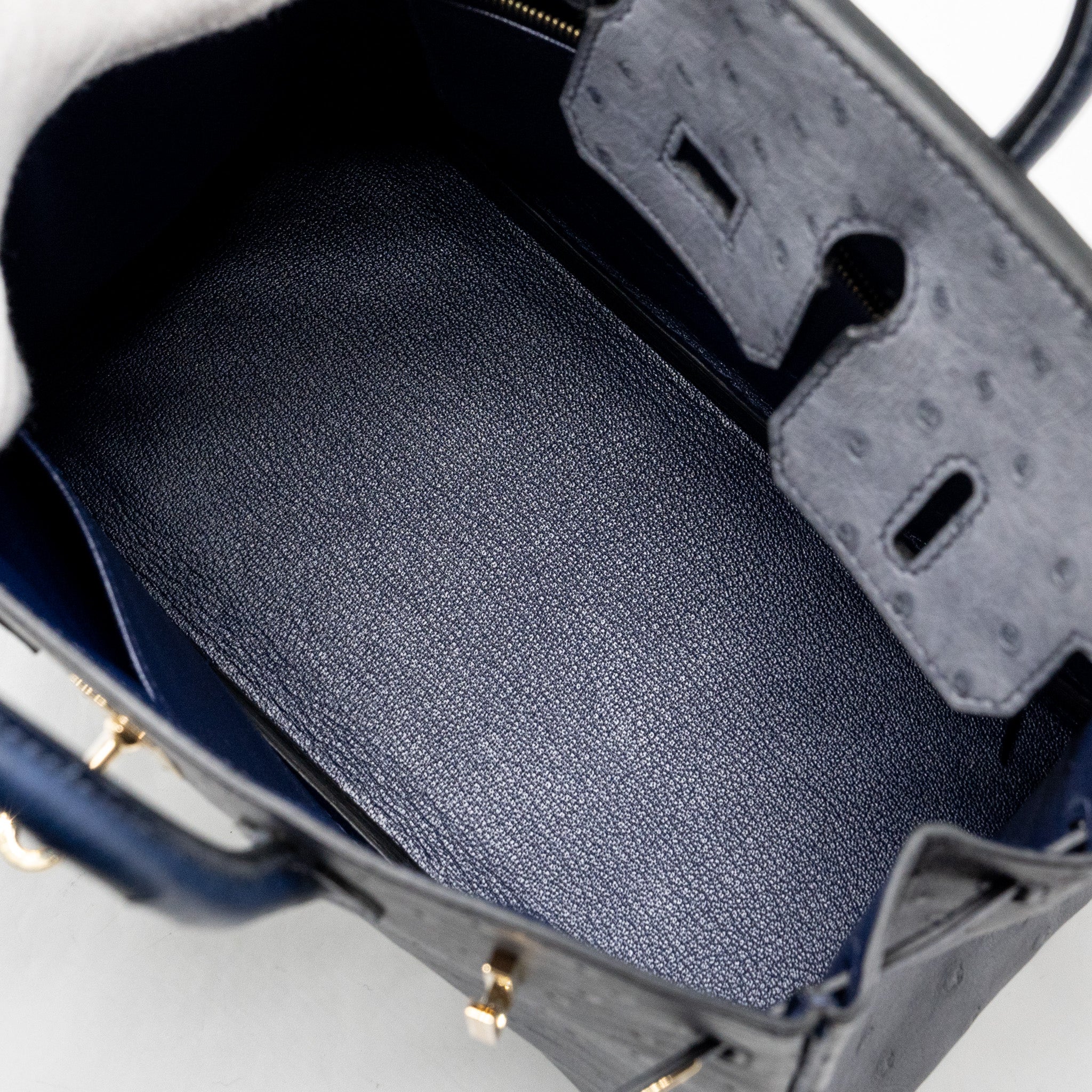 HERMES BIRKIN 25 SPECIAL ORDER OSTRICH GRIS AGATE/BLUE IRIS LGHW