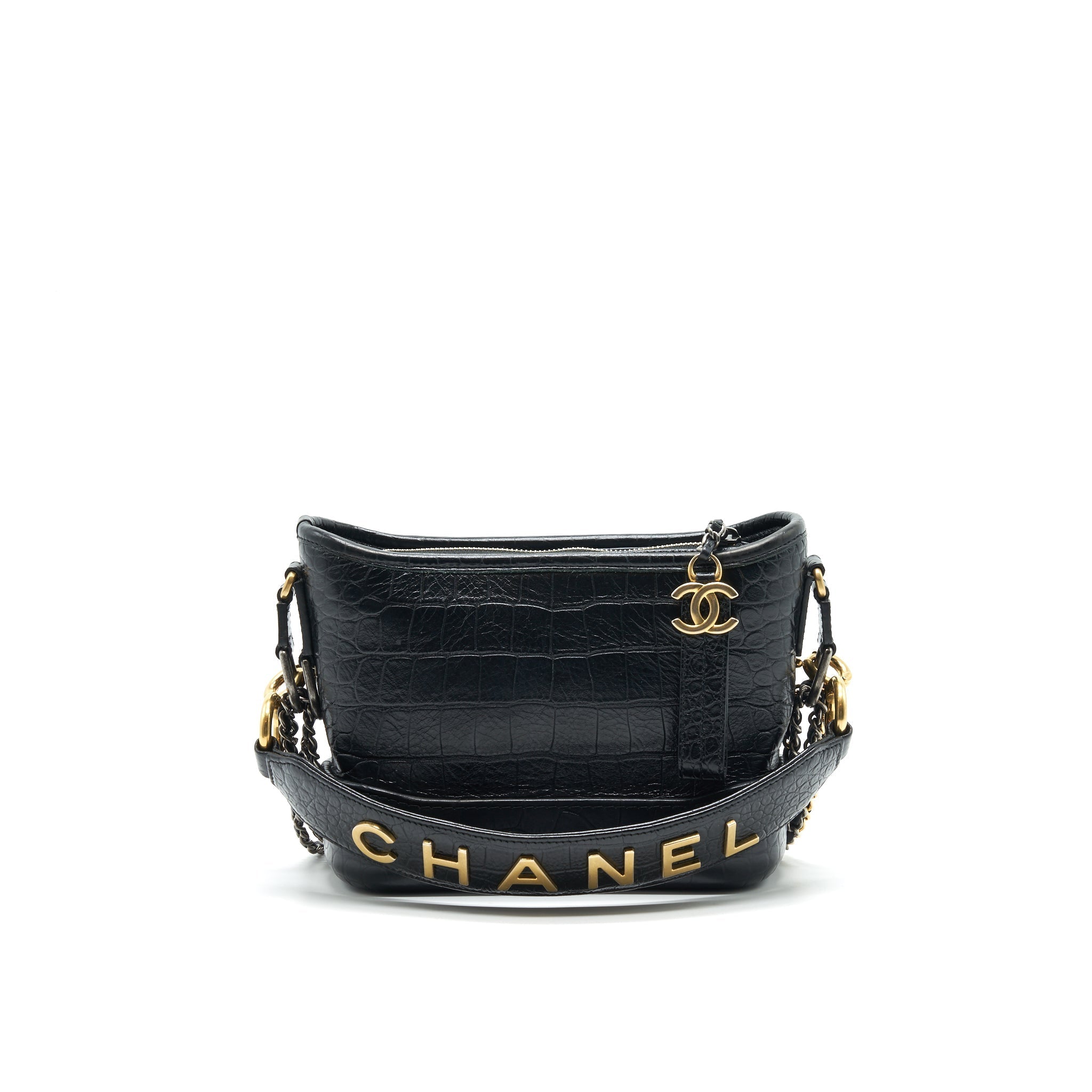CHANEL SMALL GABRIELLE HOBO BAG CROCODILE EMBOSSED CALFSKIN BLACK