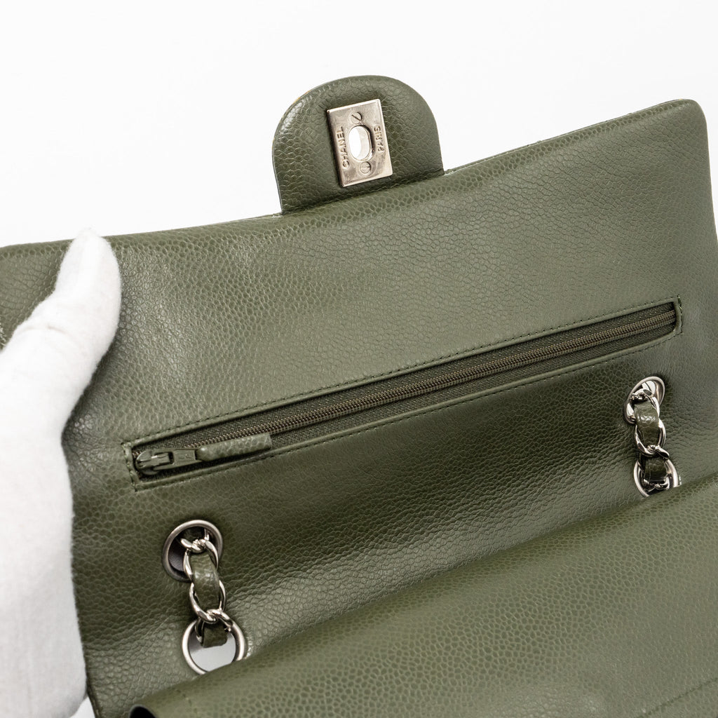 CHANEL MEDIUM CLASSIC DOUBLE FLAP BAG CAVIAR OLIVE GREEN SHW