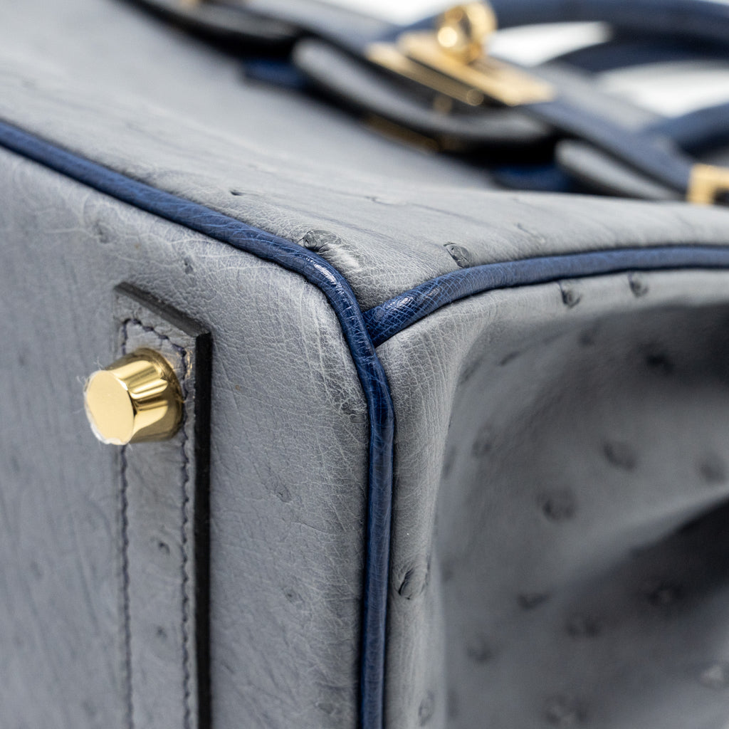HERMES BIRKIN 25 SPECIAL ORDER OSTRICH GRIS AGATE/BLUE IRIS LGHW