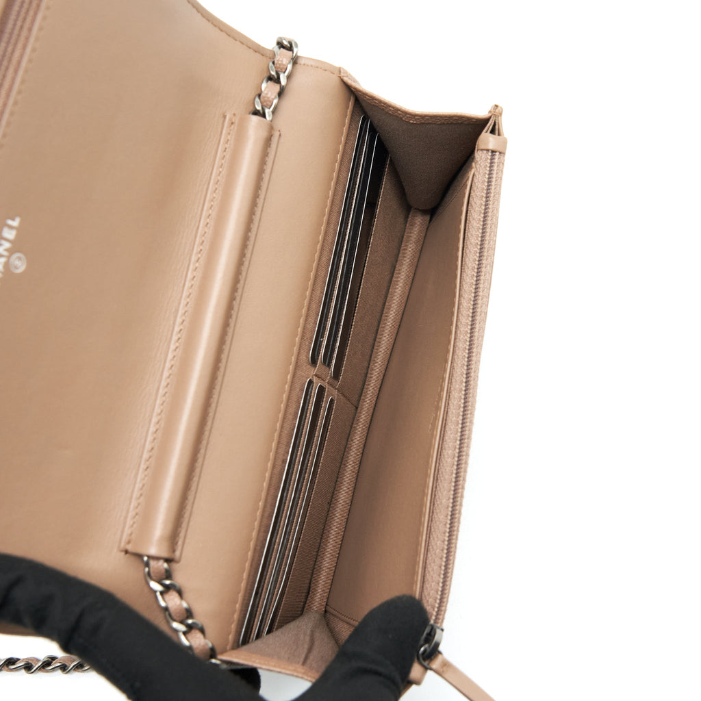 CHANEL CHEVRON BOY WALLET ON CHAIN CAVIAR DARK BEIGE RUTHENIUM HARDWARE