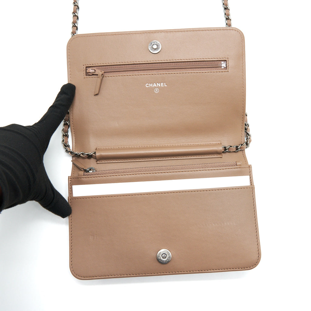 CHANEL CHEVRON BOY WALLET ON CHAIN CAVIAR DARK BEIGE RUTHENIUM HARDWARE