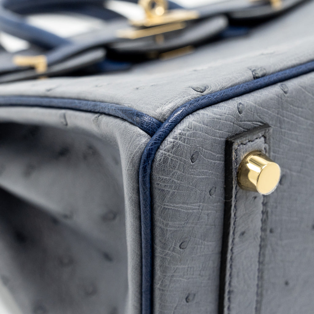 HERMES BIRKIN 25 SPECIAL ORDER OSTRICH GRIS AGATE/BLUE IRIS LGHW