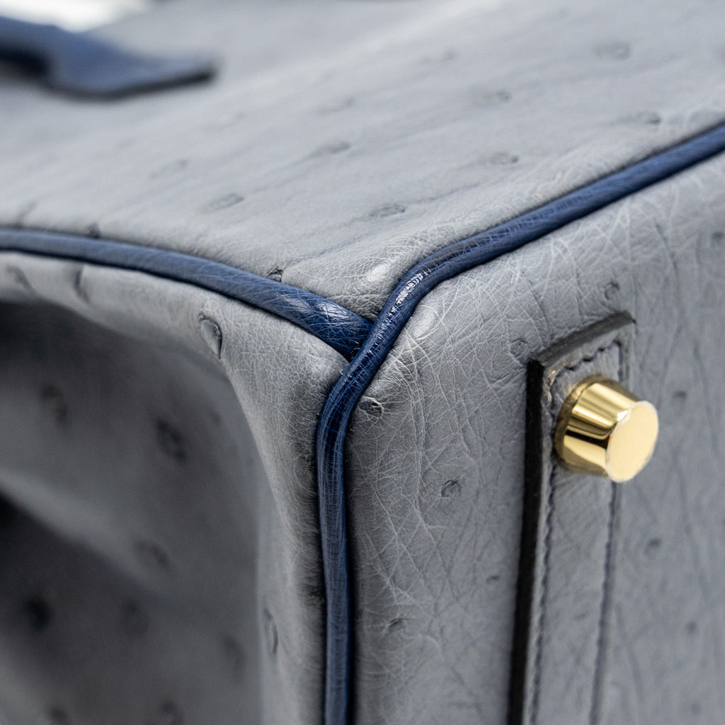 HERMES BIRKIN 25 SPECIAL ORDER OSTRICH GRIS AGATE/BLUE IRIS LGHW