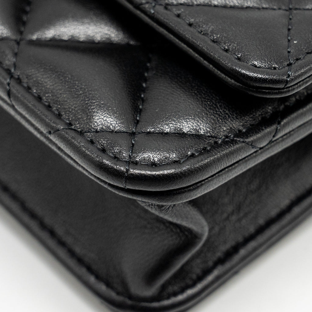 CHANEL PEARL CRUSH WALLET ON CHAIN LAMBSKIN BLACK GHW (MICROCHIP)