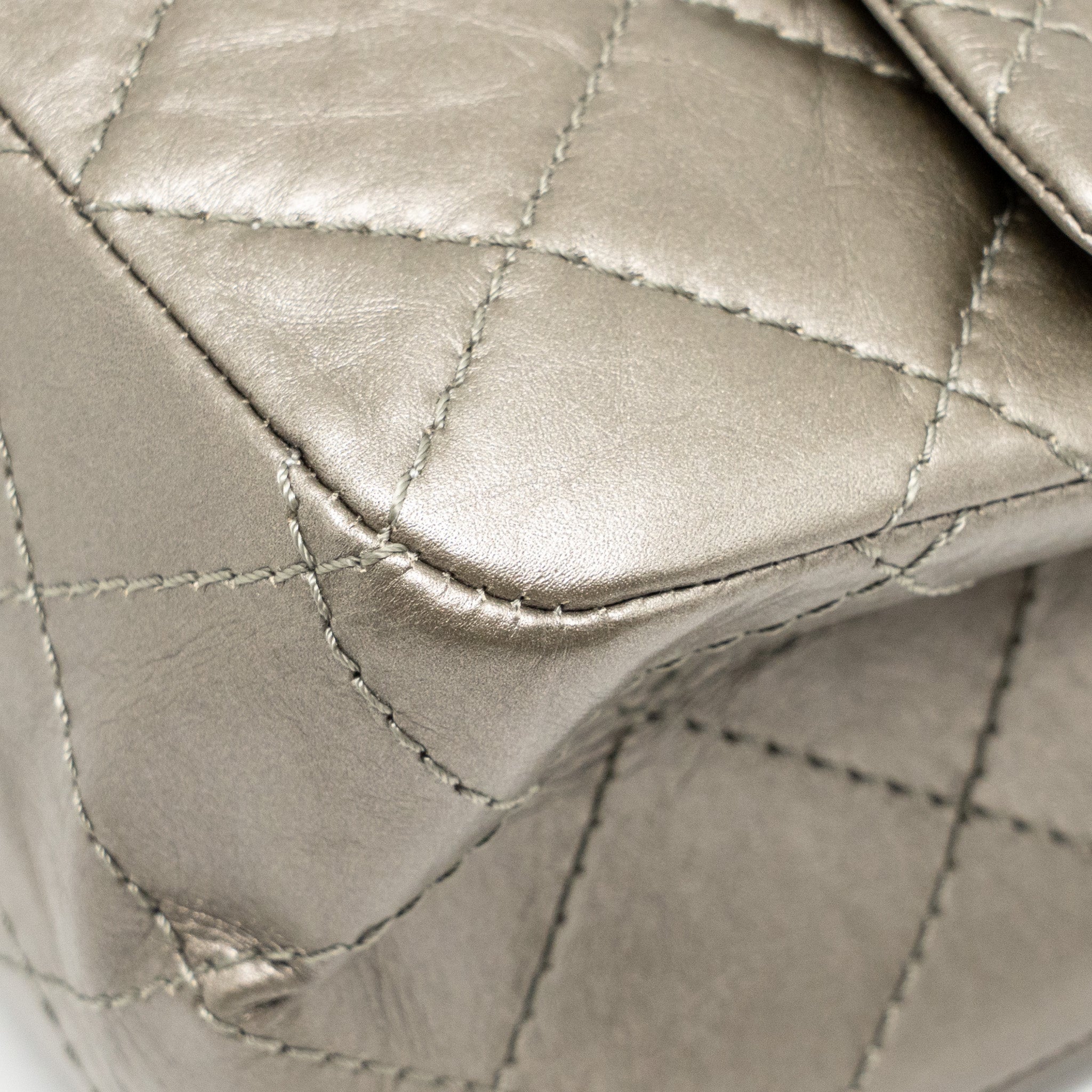 CHANEL MAXI 2.55 REISSUE FLAP BAG AGED CALFSKIN IRIDESCENT LIGHT GREY RUTHENIUM HARDWARE