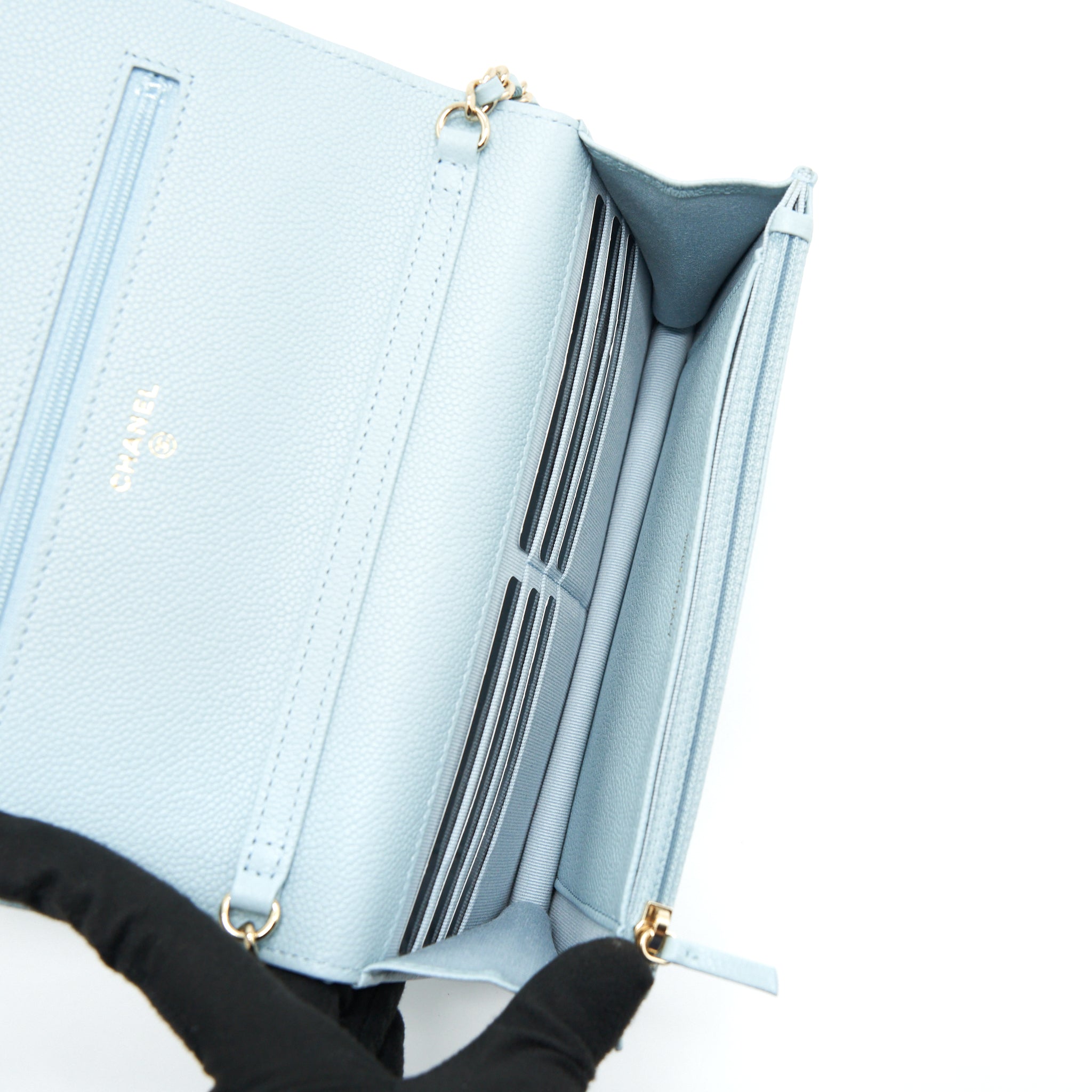 CHANEL 22P WALLET ON CHAIN WITH CC LOGO CHAIN CAVIAR LIGHT BLUE LGHW