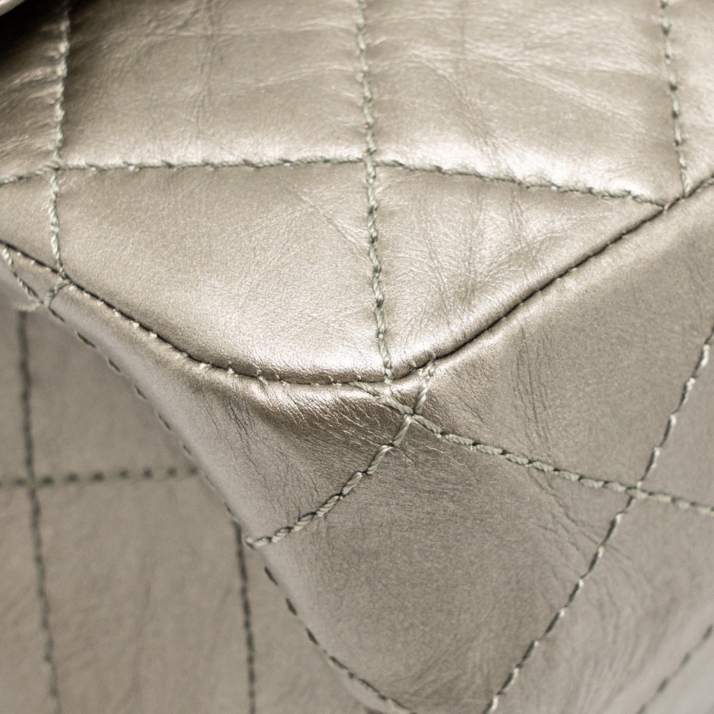 CHANEL MAXI 2.55 REISSUE FLAP BAG AGED CALFSKIN IRIDESCENT LIGHT GREY RUTHENIUM HARDWARE