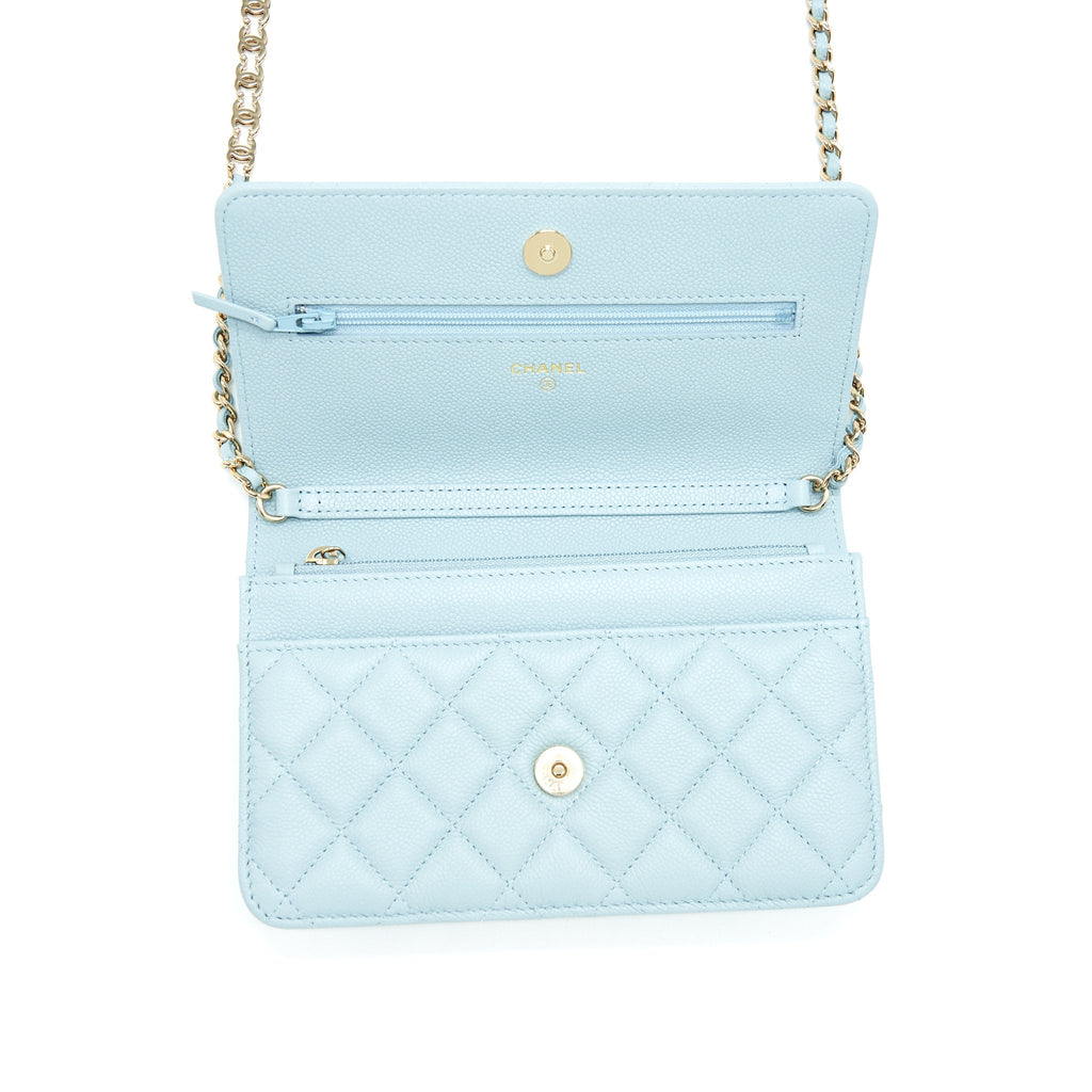 CHANEL 22P WALLET ON CHAIN WITH CC LOGO CHAIN CAVIAR LIGHT BLUE LGHW