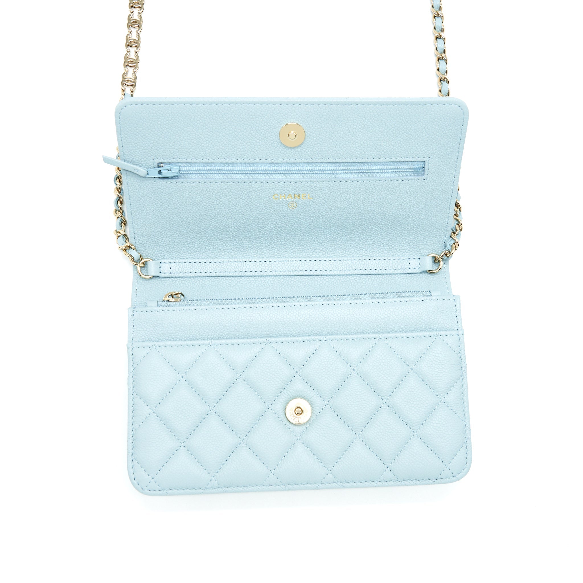 CHANEL 22P WALLET ON CHAIN WITH CC LOGO CHAIN CAVIAR LIGHT BLUE LGHW