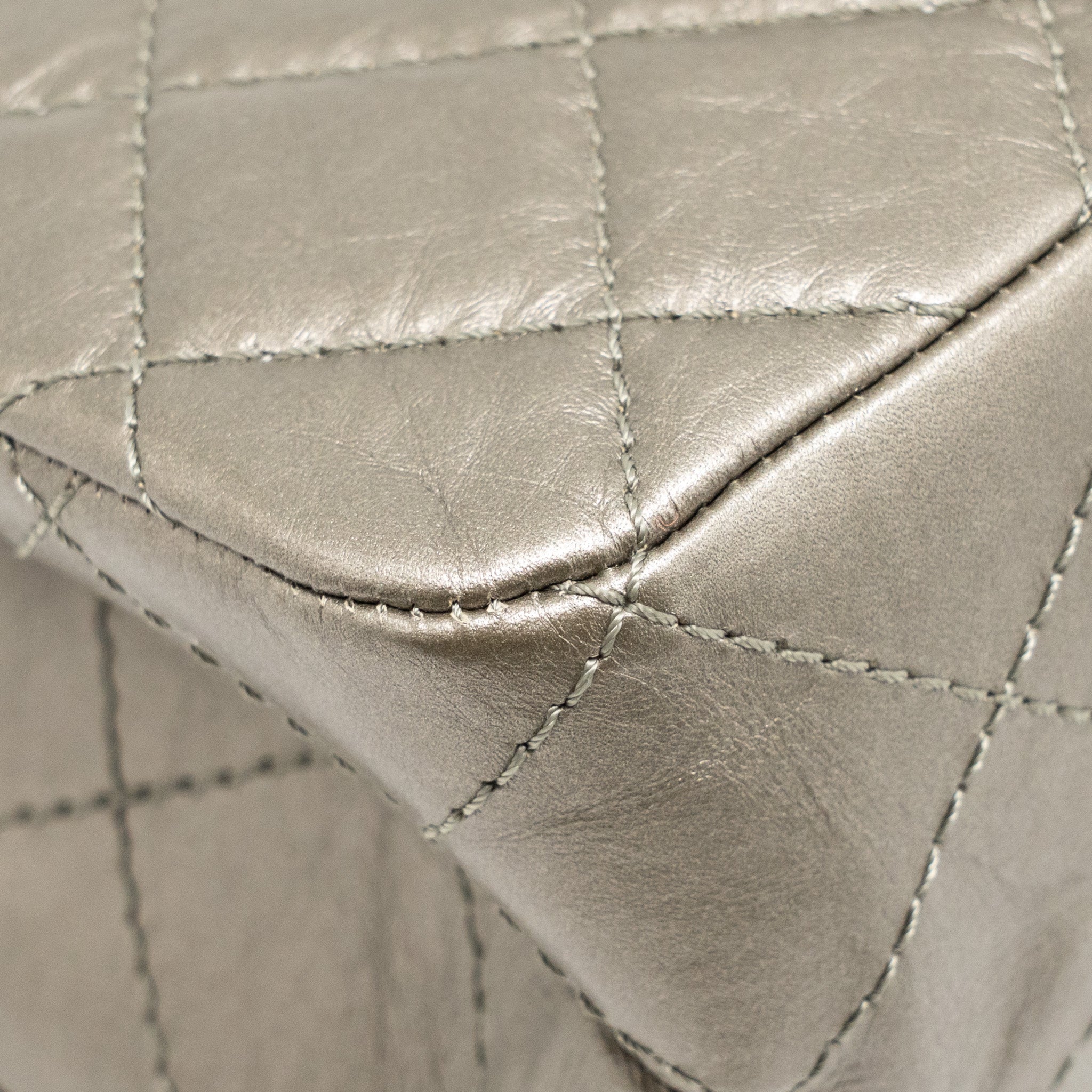 CHANEL MAXI 2.55 REISSUE FLAP BAG AGED CALFSKIN IRIDESCENT LIGHT GREY RUTHENIUM HARDWARE