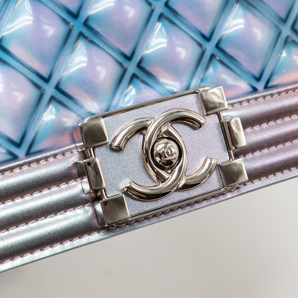 CHANEL SMALL BOY BAG LIMITED EDITION PATENT LEATHER IRIDESCENT LIGHT PURPLE SHW