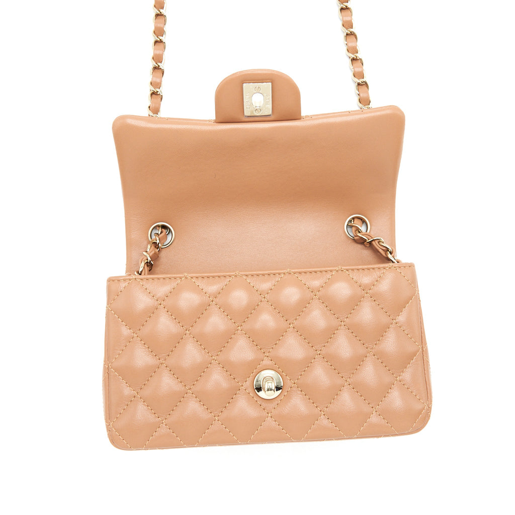 CHANEL 22S MINI RECTANGULAR FLAP BAG CARAMEL LGHW (MICROCHIP)