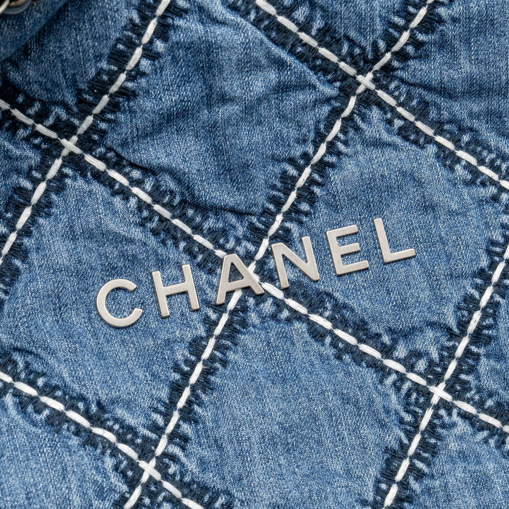 CHANEL SMALL 22 BAG DENIM BLUE WITH WHITE STITCHING SHW (MICROCHIP)